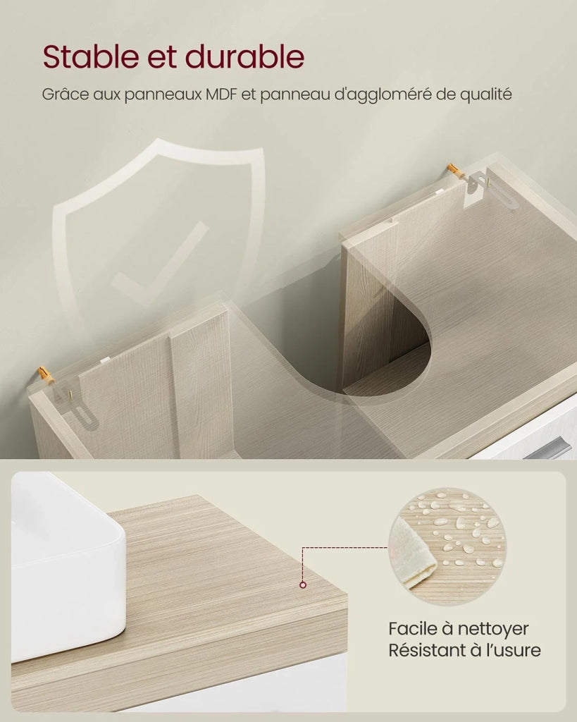 Mobile bagno con 2 vani dietro ante per vari tipi di lavabi con gambe 30 x 60 x 60 cm beige 12_0006534
