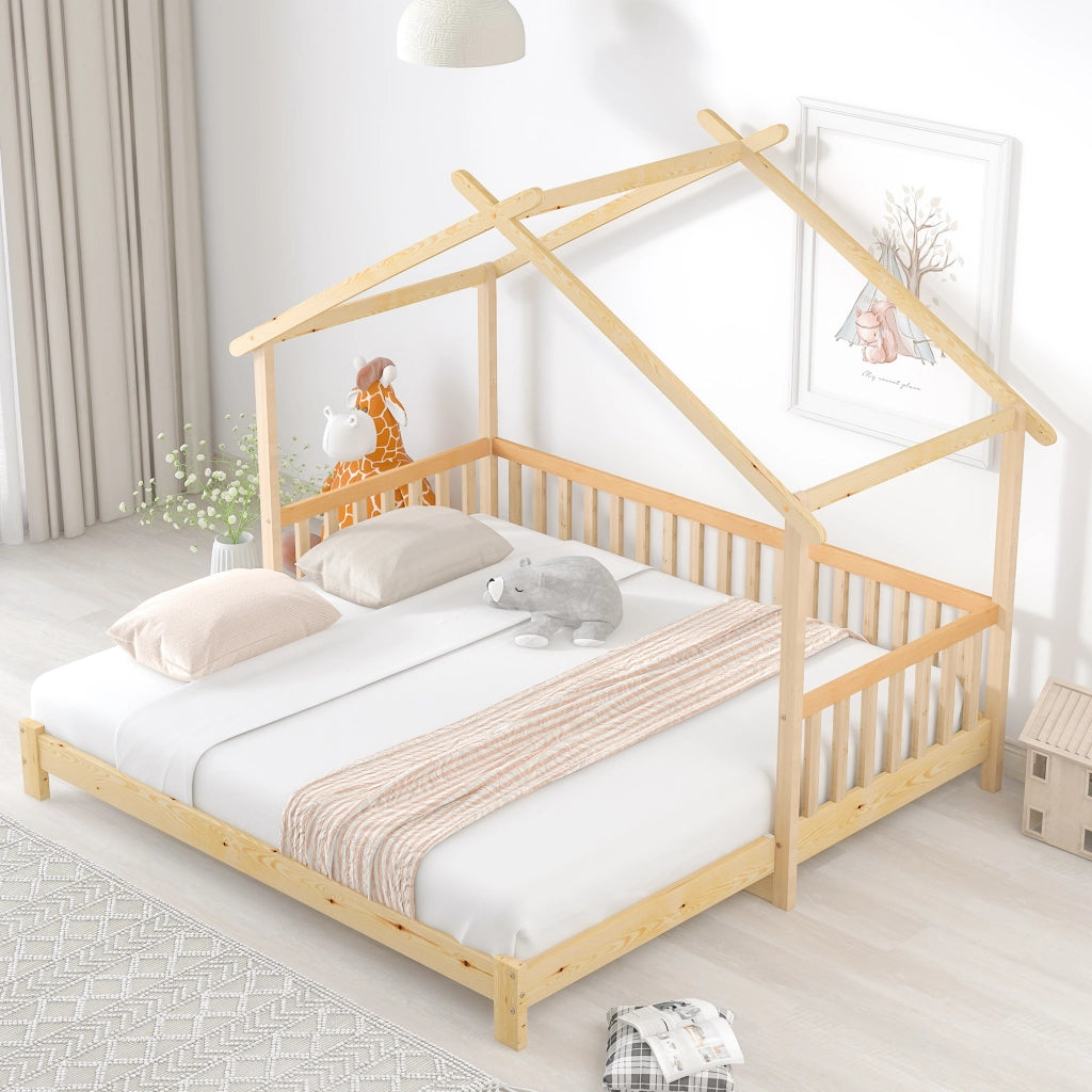 OKWISH Letto a Casetta 200×90 cm e 200×180 cm, Letto Matrimoniale estensibile con Sponde 3 Lati e Struttura a Casa, senza Materasso