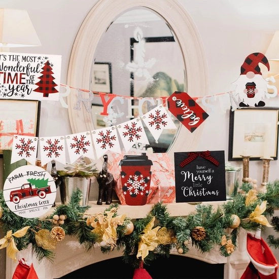 Decorazione di Natale Rustica con Piastra Decorativa a Strati e Banchi in Legno per Festa di Natale in Casa e Ufficio