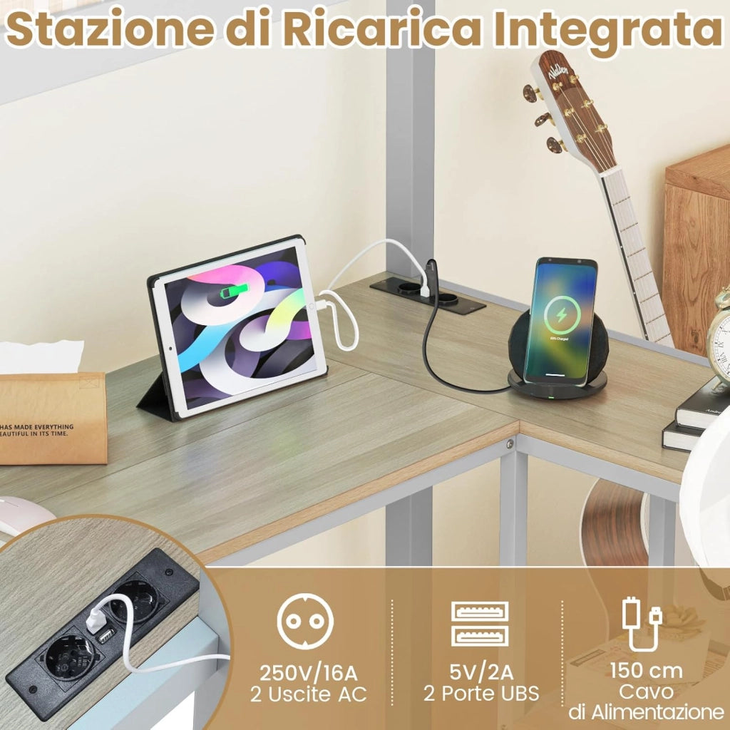 Letto a Soppalco 90 x 200 cm con Scrivania Sotto, Letto a Castello con Luce LED e Stazione di Ricarica, Letto Rialzato Struttura in Ferro con 2 Ripiani per Ragazzi e Ragazze (Argento)