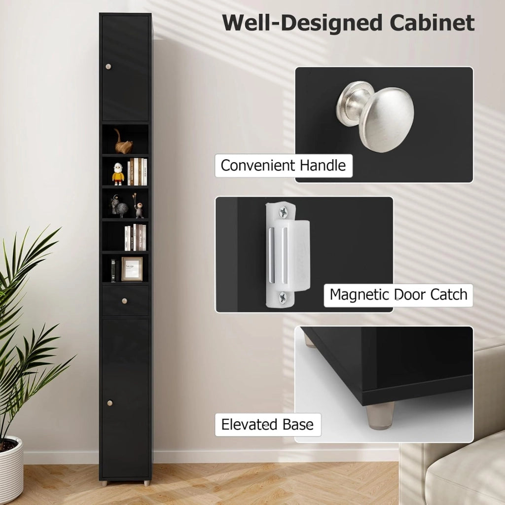 Armadio da Bagno Sottile e Alto con Ante, Mobiletto Bagno Salvaspazio Cassetto e Ripiani Regolabili, Design Moderno, 20 x 20 x 180 cm, 4 Colori