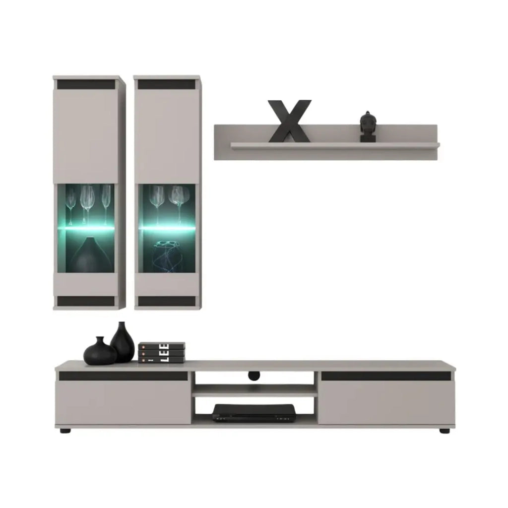 Composizione murale DOMO - Mobile TV, 2 vetrine sospese e 1 mensola da muro - Cashmere