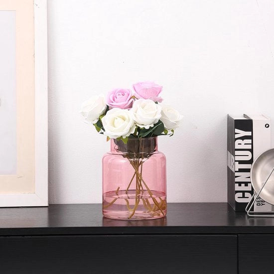 Vaso grande in vetro, vaso di vetro rosa per fiori, grandi vasi per fiori per composizioni, vasi alti con apertura ampia per uso domestico, matrimonio, salotto, ufficio, matrimonio, tavolo salotto, 23 cm