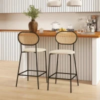 Set di 2 Sgabelli Alti da Cucina con Schienale in Rattan Seduta in PU Struttura in Acciaio e Poggiapiedi Beige