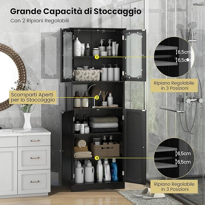 Armadietto Salvaspazio 60 x 30 x 164cm, Mobile Bagno con Scomparti Aperti, Ripiani Regolabili e 2 Porte in Vetro Temprato, Armadio da Bagno per Ufficio, Soggiorno e Camera da Letto (Nero)