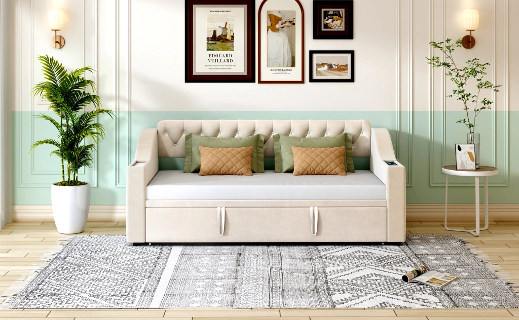 DESMIU Litto semplice 90 × 190 cm 1 posto con USB, Type-C e vani portaoggetti, senza materasso, in velluto, beige