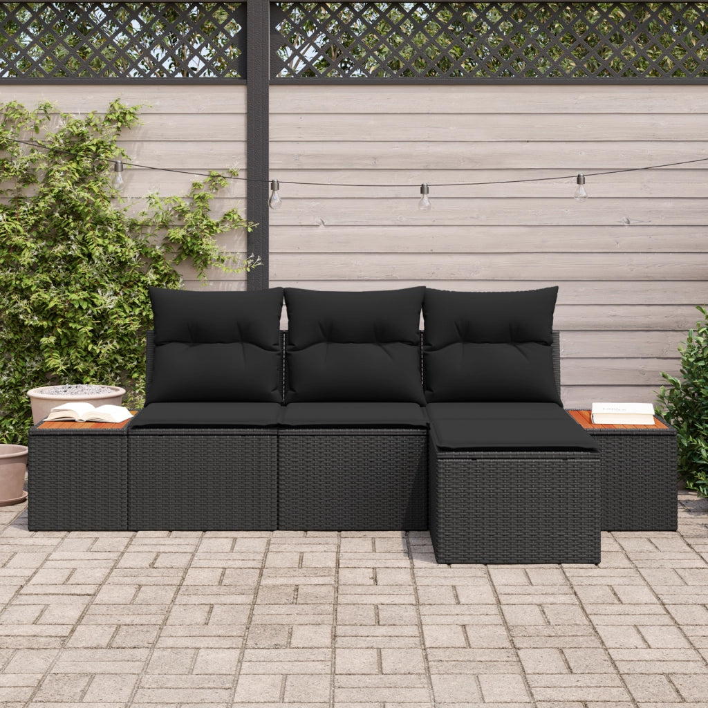 Set Divano da Giardino 4 Pezzi con Cuscini Nero Polyrattan Acacia