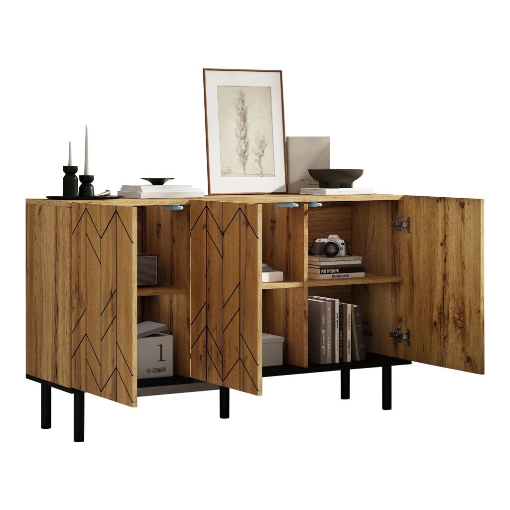 Credenza con 3 ante e frontale effetto ondulato; in truciolato e gambe in metallo; per soggiorno; 120 × 35 × 70 cm
