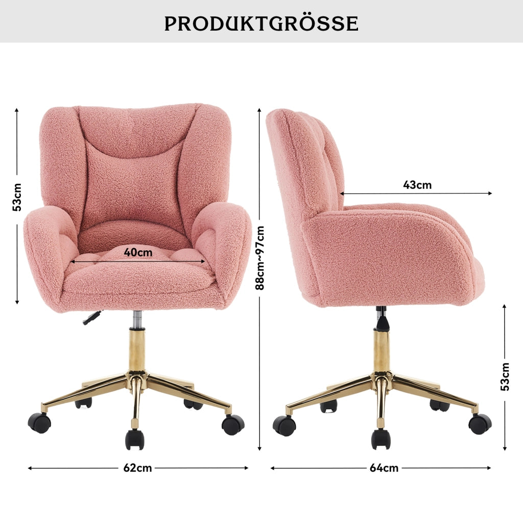 Sedia da ufficio girevole regolabile in altezza; con ruote a 360°; tessuto teddy; per ufficio e camera; rosa; 64 × 62 × 92.5 cm