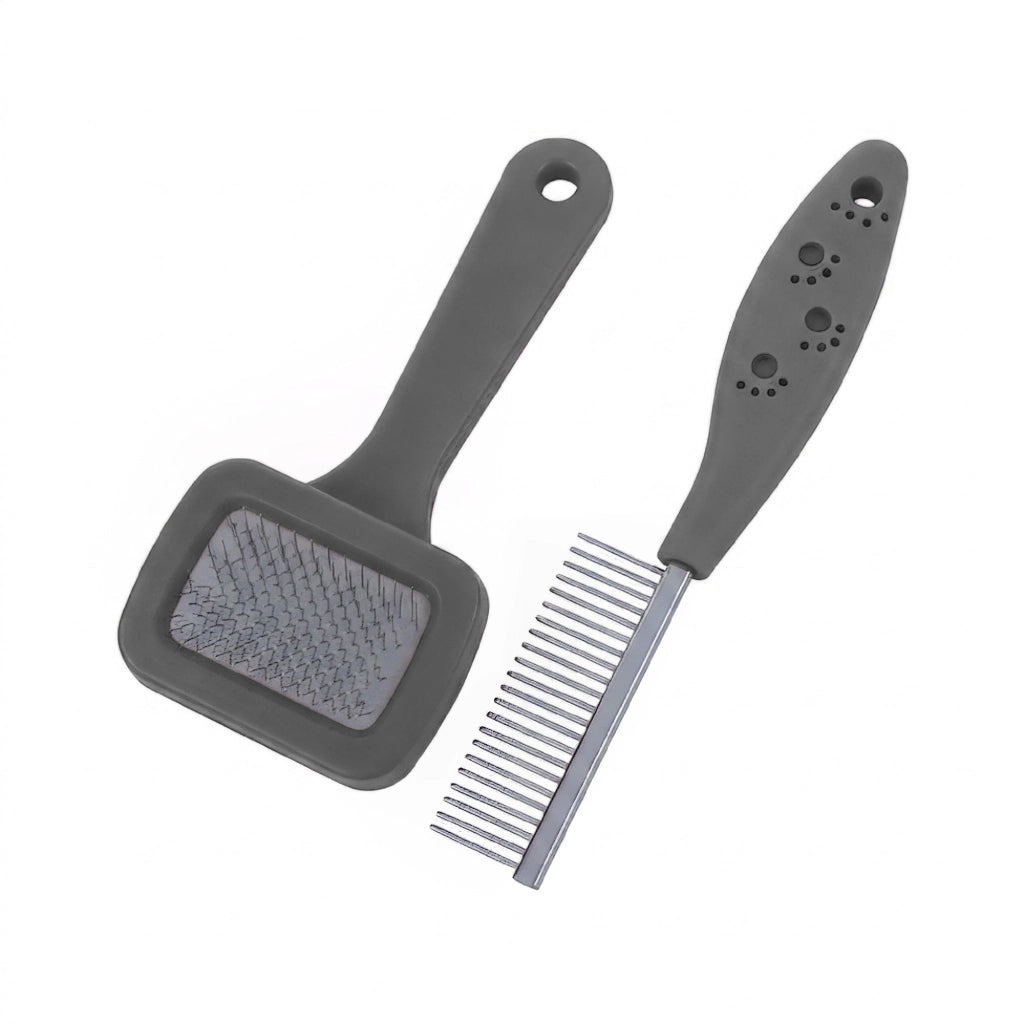 Kit Toelettatura per Cani e Gatti con Spazzola Cardatore e Pettine a Denti Stretti, Rimozione Pelo Morto e Sottopelo, Accessori Grooming Professionale Grigio