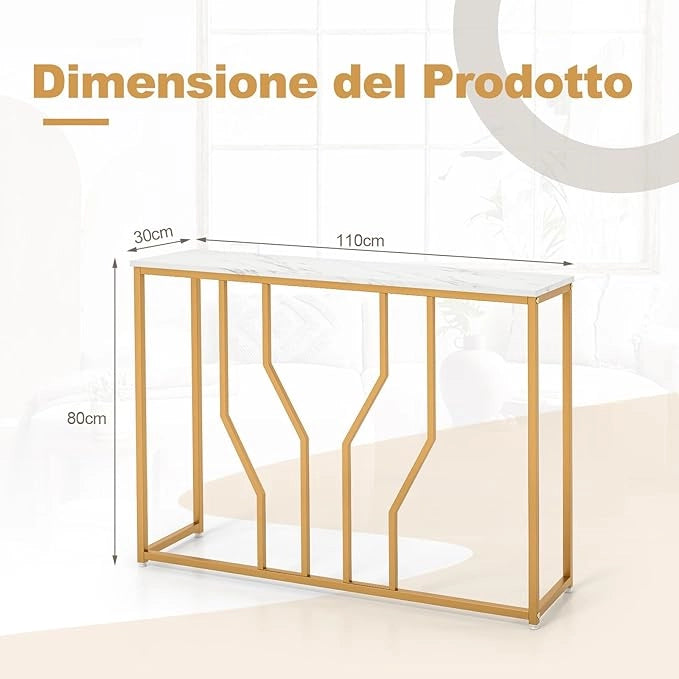 Tavolo Consolle 110cm, Tavolo da Ingresso con Piano Effetto Marmo, Struttura in Metallo, per Soggiorno, Corridoio, Ingresso
