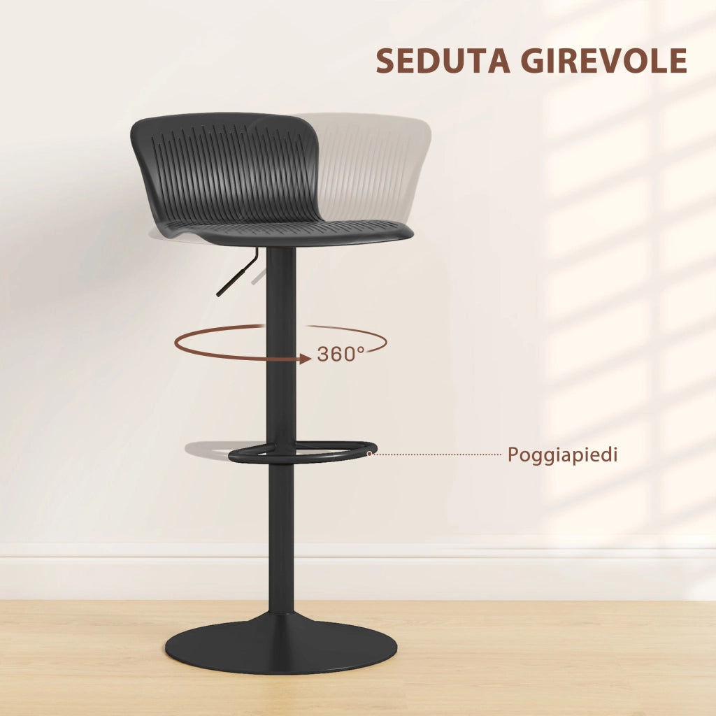 Set 2 Sgabelli da Bar con Schienale Girevoli e con Altezza Regolabile 76,5-97,5 cm in Polipropilene Nero