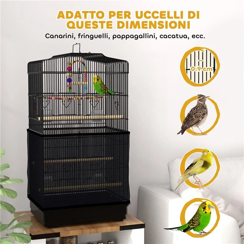 GABBIA PER UCCELLI CON MANIGLIA, VASSOIO ESTRAIBILE, POSATOI IN LEGNO, ALTALENA E CIOTOLE, 46.5X35.5X92CM, NERO