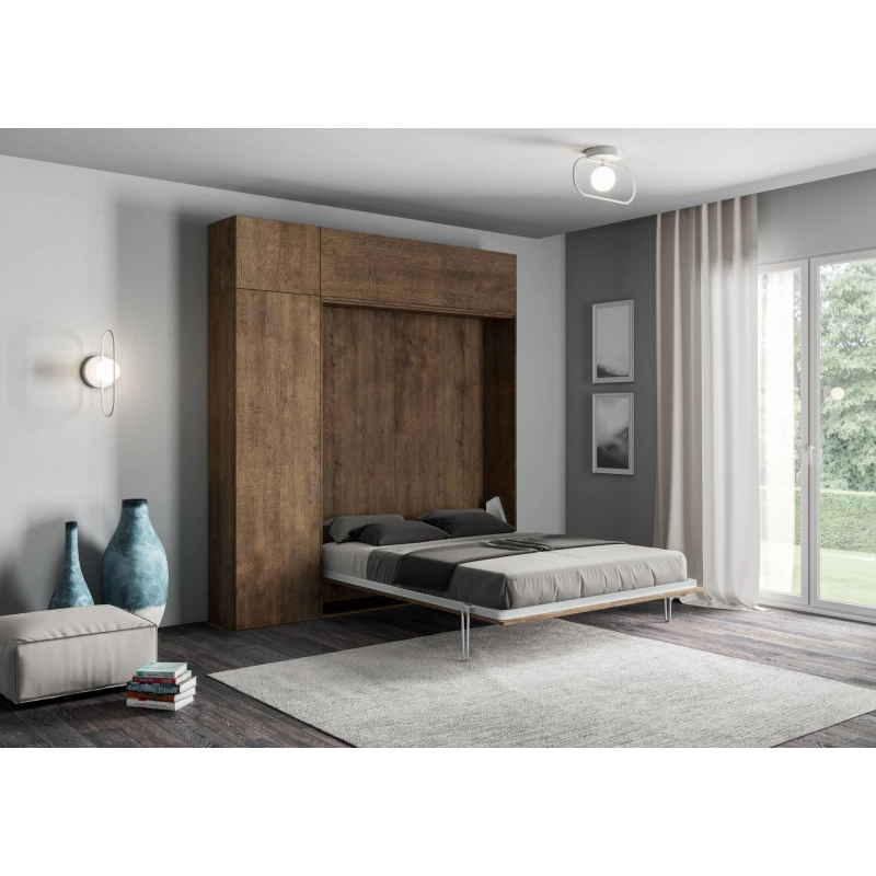 Letto a scomparsa 140 verticale Kentaro con colonna e pensili - Noce