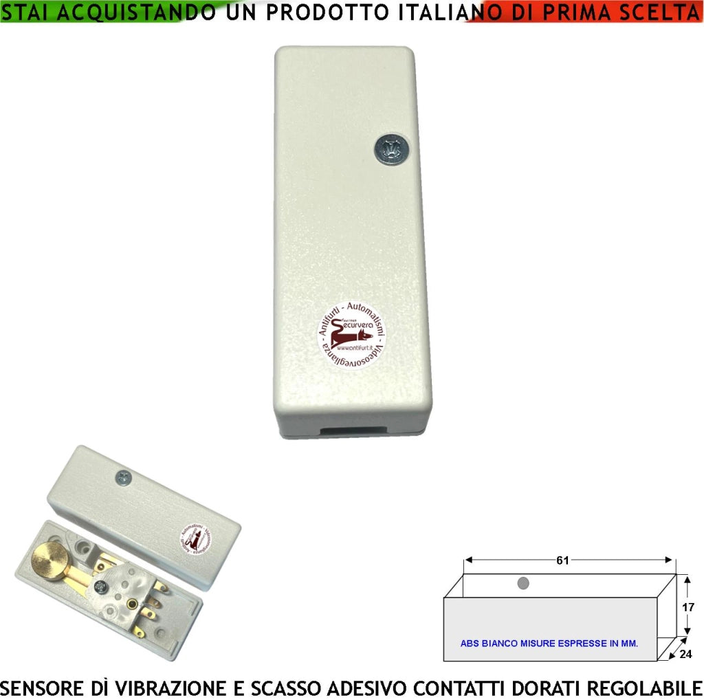 Sensore Adesivo Rileva le Vibrazioni Continue lo Scasso Collegamento a Filo Antifurto Porte Vetrate Regolazione Meccanica del Martelletto Contatto Allarme NC Tamper Contenitore Adesivo ABS Bianco IP30