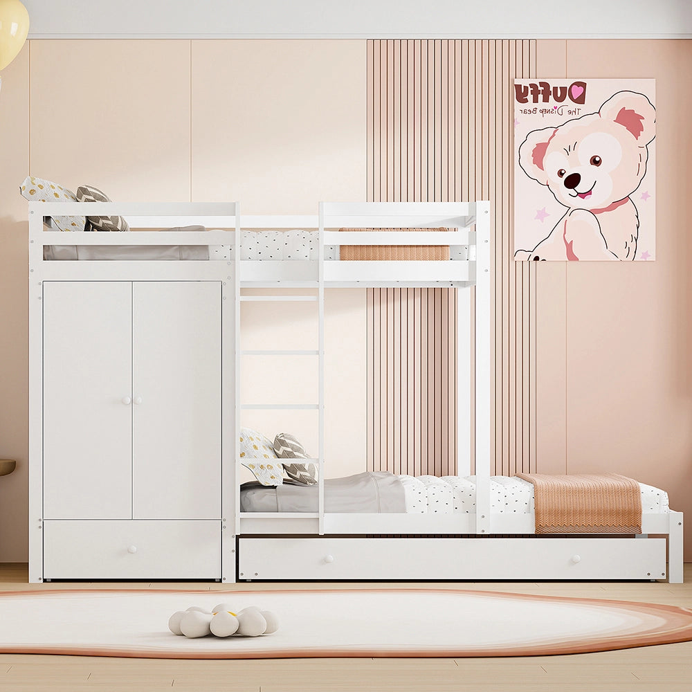 Letto a castello 90x200 cm - Xylo - Bianco con armadio cassetti e scomparto