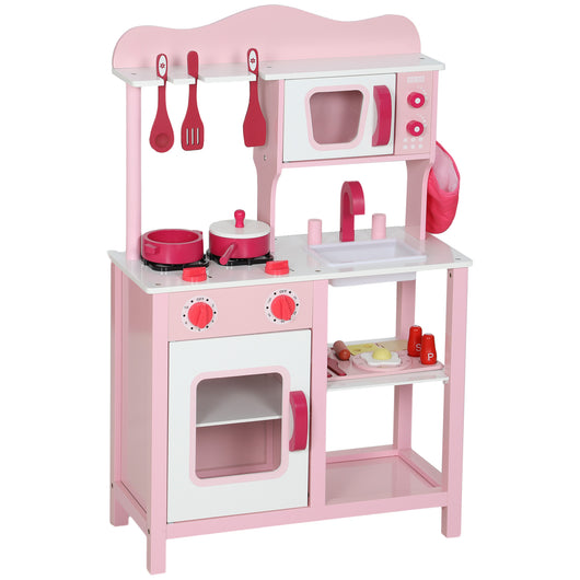 Cucina Giocattolo per Bambini 3+ Anni 55x24x86 cm con Microonde Piano Cottura e Lavandino in Legno Rosa