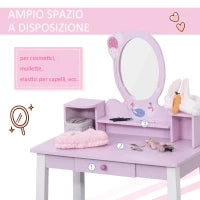 Toeletta per Bambine +3 Anni in Legno, Set Tavolo da Trucco Giocattolo con Specchio e Sgabello, Rosa