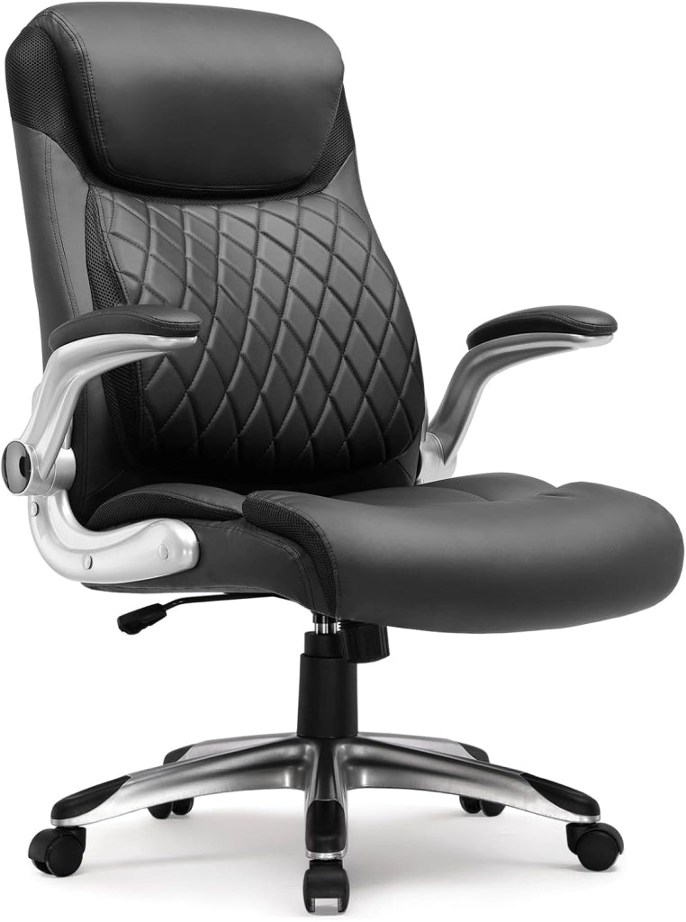 Sedia da ufficio ergonomica, con braccioli pieghevoli e schienale alto, funzione basculante, regolabile in altezza, in pelle, antigraffio