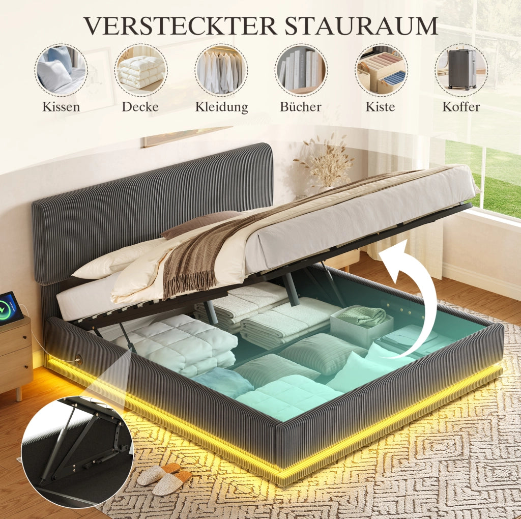 Letto matrimoniale imbottito 140x200 cm in tessuto corduroy grigio scuro; testiera regolabile con LED e USB-C