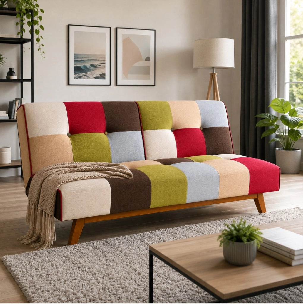 Divano Letto 2/3 Posti Click Clack in Tessuto Patchwork Reclinabile Gambe in legno