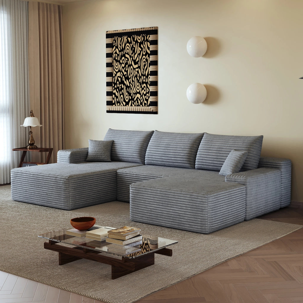 Divano angolare modulare senza montaggio con chaise longue in velluto a coste grigio e schiuma ad alta elasticità