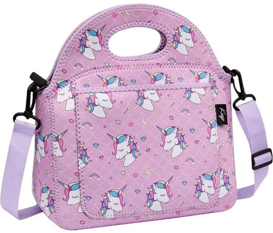 Borsa di picnic per bambini con isolamento neoprene, borsa di picnic per bambini con cinghia regolabile e spalla rimovibile, modello con un unicorno rosa