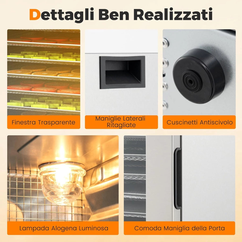 Essiccatore Alimentare con 8 Vassoi in Acciaio Inox, 850W Disidratatore Alimentare on Timer 48 Ore, Controllo Temperatura 35℃-75℃, per Frutta, Verdura e Carne