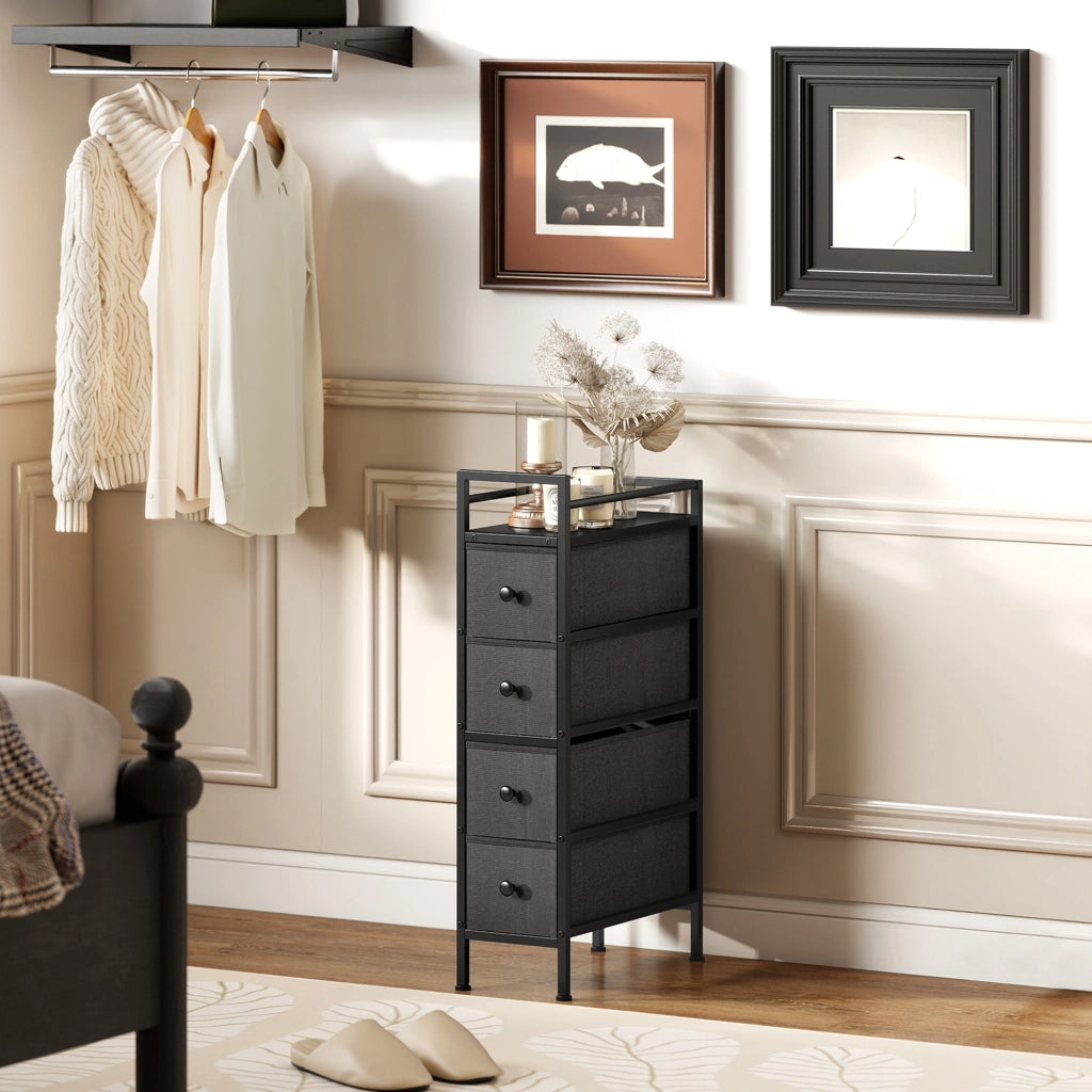 Cassettiera Slim Salvaspazio 20x43x81,5 cm con 4 Cassetti Telaio in Acciaio in Tessuto Nero