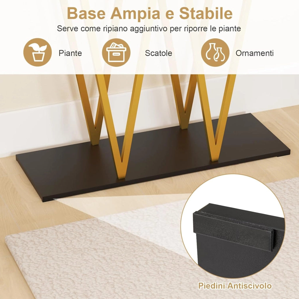 Tavolo Consolle, Tavolo da Ingresso Moderno con Piano in Marmo Finto e Struttura in Metallo e Base per Ripostiglio, Tavolino Stretto e Multiuso per Soggiorno, Ingresso e Corridoio