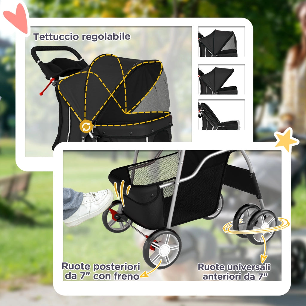 Passeggino per Cani Pieghevole 77x44x102 cm con Cestino e Portabicchiere Peso Max. 10 kg Nero