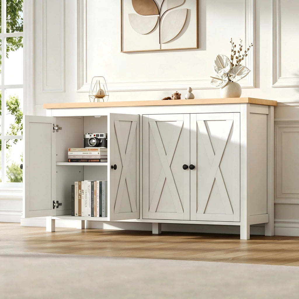 Credenza con 4 ante e 2 ripiani regolabili per soggiorno in MDF 140×40×78 cm bianco