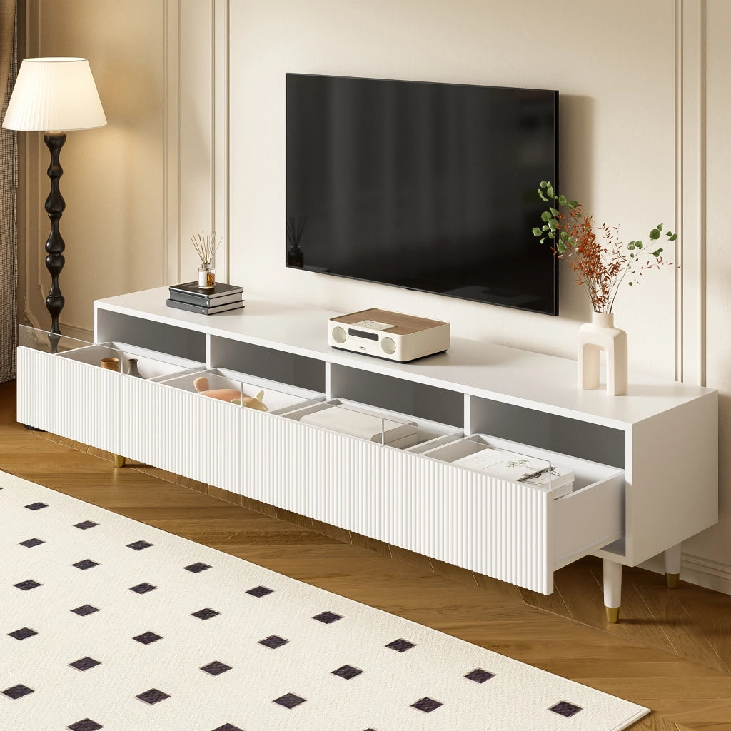 OKWISH Mobile TV con 4 Cassetti e Passacavi, Design Minimalista per Soggiorno, in MDF, Bianco, 178 x 35 x 45 cm
