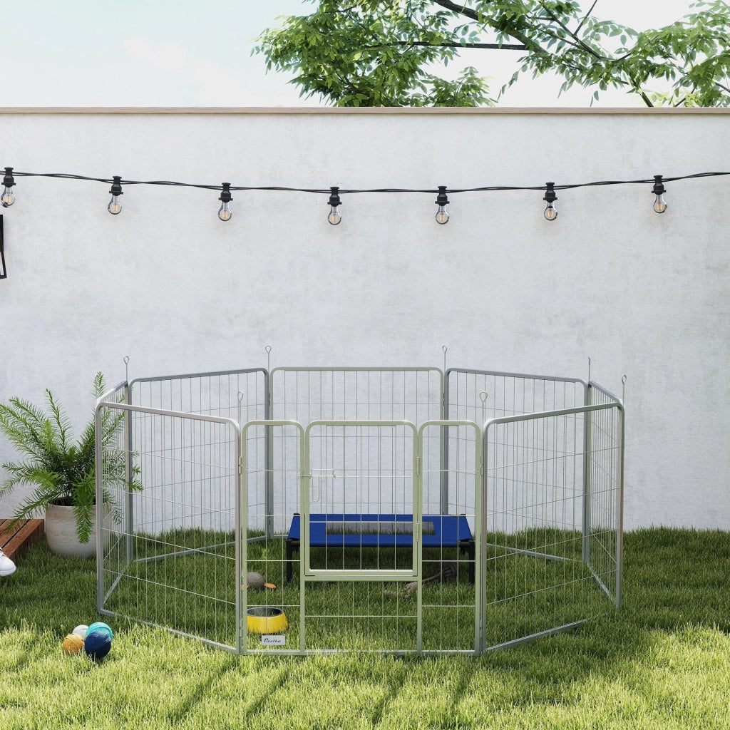 Recinto per Cani a 8 Pannelli Modulabili Pieghevole 80x1,5x80A cm con Porta di Ingresso in Acciaio Argento