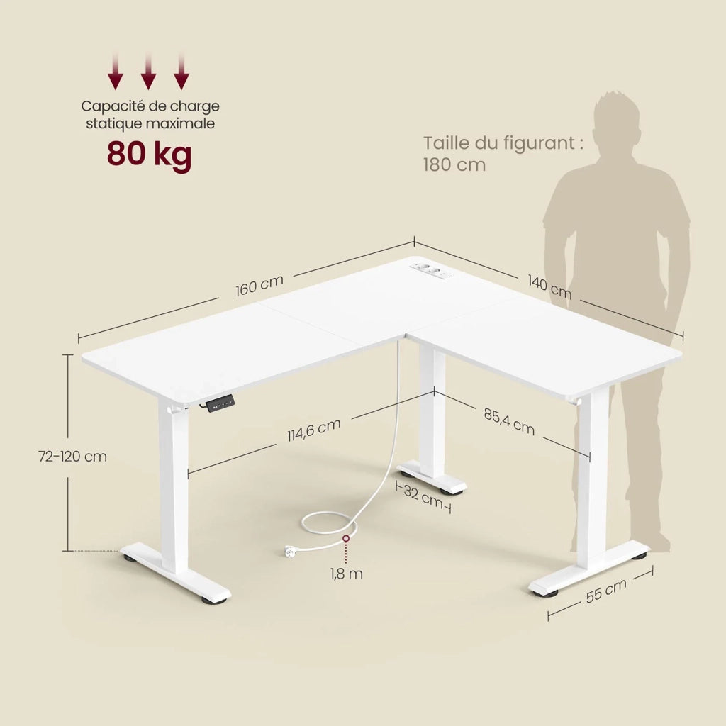 Scrivania regolabile elettricamente in altezza tavolo angolare a L 140 x 160 cm con multipresa e funzione memory 2 impostazioni di altezza per l'ufficio domestico bianco 12_0004615