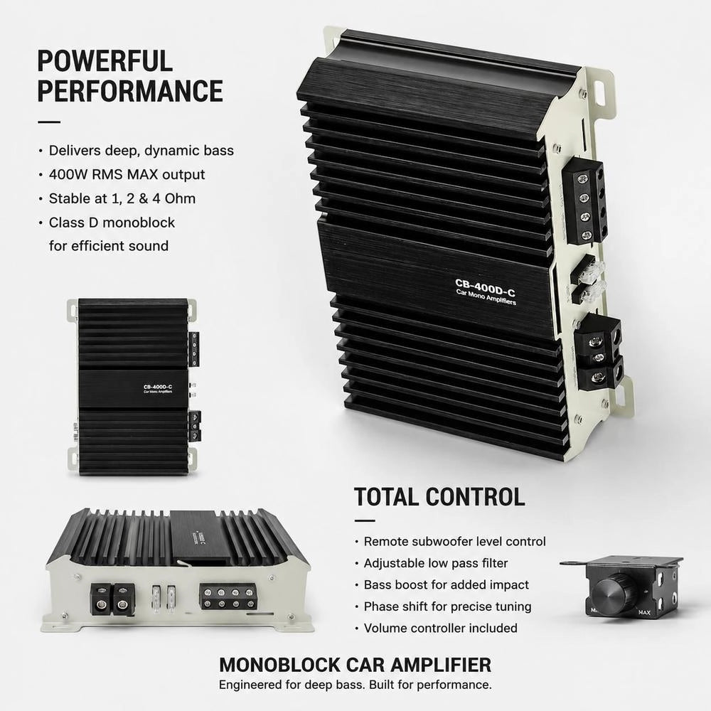 Monoblock Car Amplifier, 400W RMS MAX, 1/2/4 Ohm Stable, 1-Channel Class D Car Audio Amplifier With Remote Subwoofer Level Control, Low Pass Filter, Bass Boost & Phase Shift, Volume Controller
