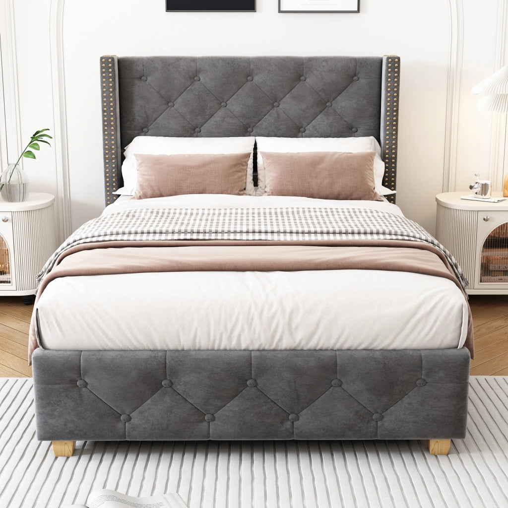 Letto Singolo 90 x 200 cm con Testiera Imbottita; Borchie Decorative e Piedini in Legno; senza Materasso; Grigio