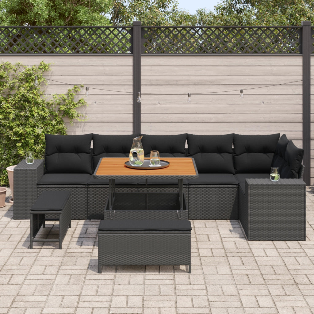Set divano da giardino 9 pezzi con cuscini in polyrattan nero e acacia