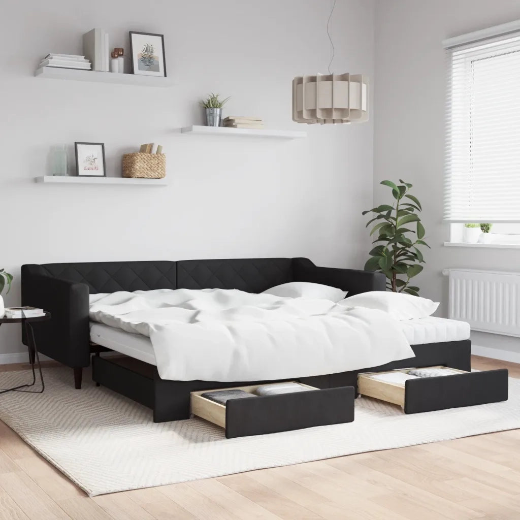 Divano Letto Estraibile con Cassetti Nero 100x200 cm in Tessuto