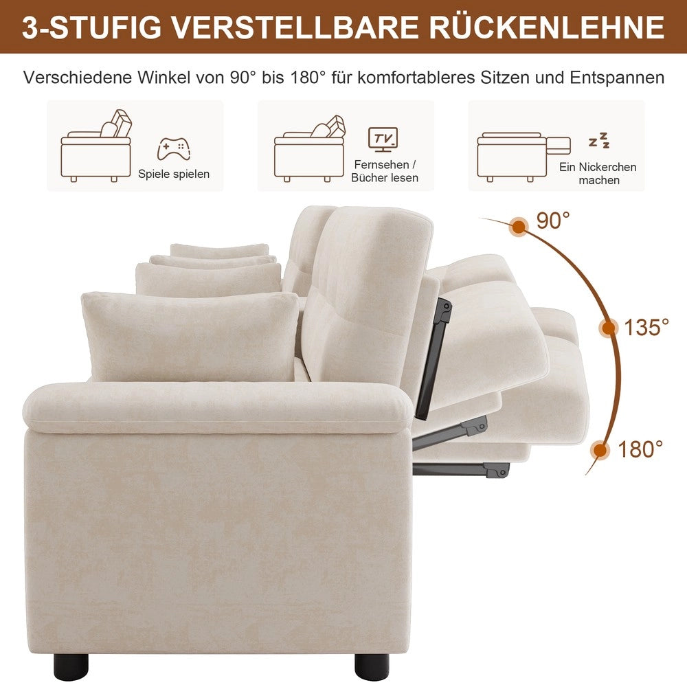 Divano letto estraibile ¨C Minimal ¨C Beige tessuto chenille, 4 cuscini, 284x138x89 cm
