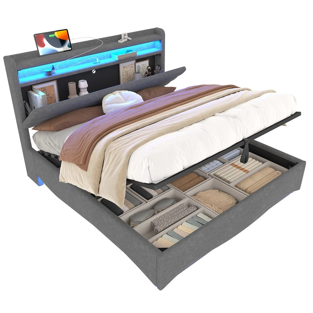 Letto Imbottito Contenitore con LED ¨C MINIMAL ¨C Tessuto Grigio 140x200 Idraulico