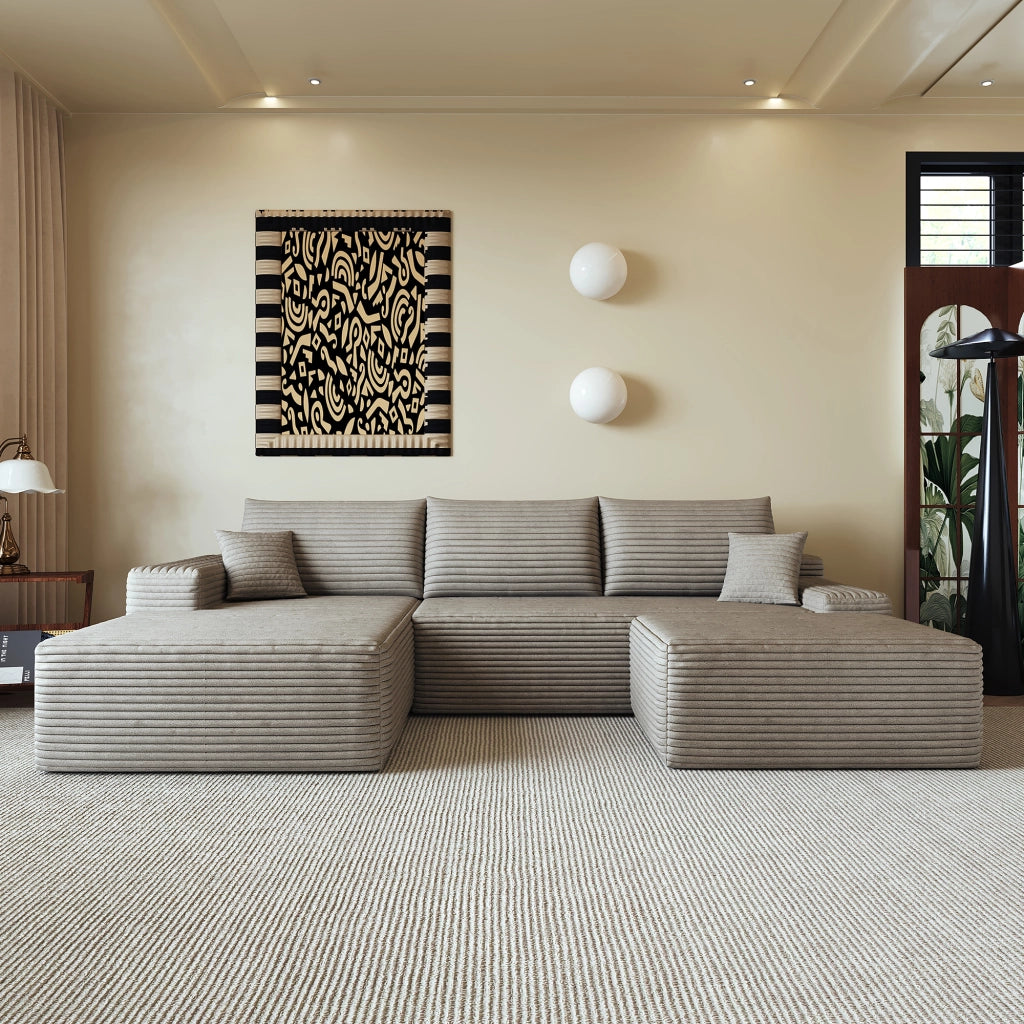 Divano angolare con chaise longue e seduta profonda in tessuto a coste, colore camel, 270 × 175 × 83 cm