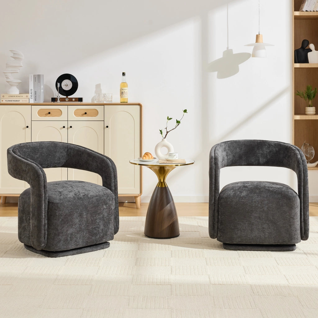 Poltrona girevole 360° in chenille scuro, design Barrel Chair, struttura in legno, 70x65,5x74 cm