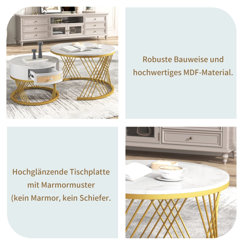 Set di 2 tavolini rotondi MDF bianco e oro con cassetto