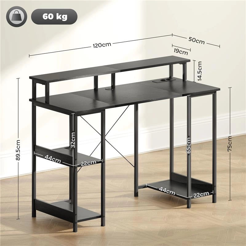 SCRIVANIA PER PC REVERSIBILE CON PRESE ELETTRICHE LUCI SUPPORTO MONITOR E SCAFFALE 120X50 CM NERO