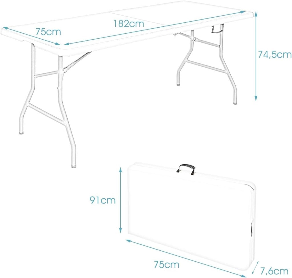 Tavolo da campeggio pieghevole da giardino con maniglia, tavolo da pranzo con piedini antiscivolo, bianco (182 x 75 x 74,5 cm)