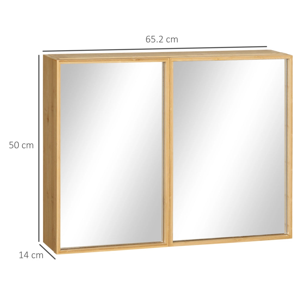 Armadio Specchio da Bagno in Bambù Naturale con Doppia Anta e 3 Ripiani 65x14x50 cm