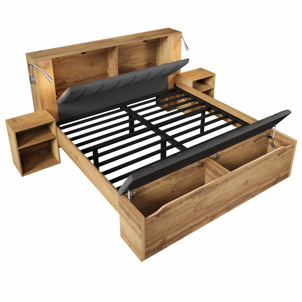 Letto matrimoniale 160x200 cm in legno effetto rovere con testiera reclinabile, luci LED con USB, comodini e panca contenitore