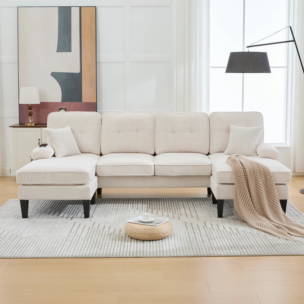 Divano panoramico a U 4 posti con tasche laterali e USB in tessuto cord beige