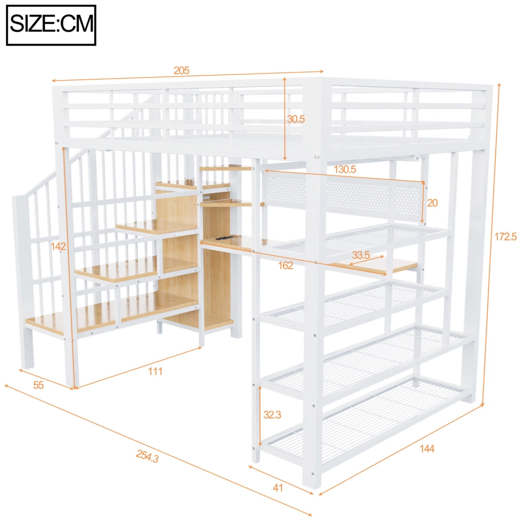 Letto a soppalco 140x200 cm con scrivania; LED; prese integrate; scala contenitore e scaffale; bianco